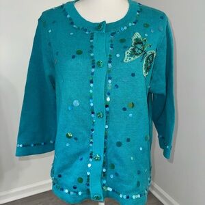Arriviste Teal Sequin Butterfly Knit Cardigan Medium‎ Y2K Fairycore Eclectic